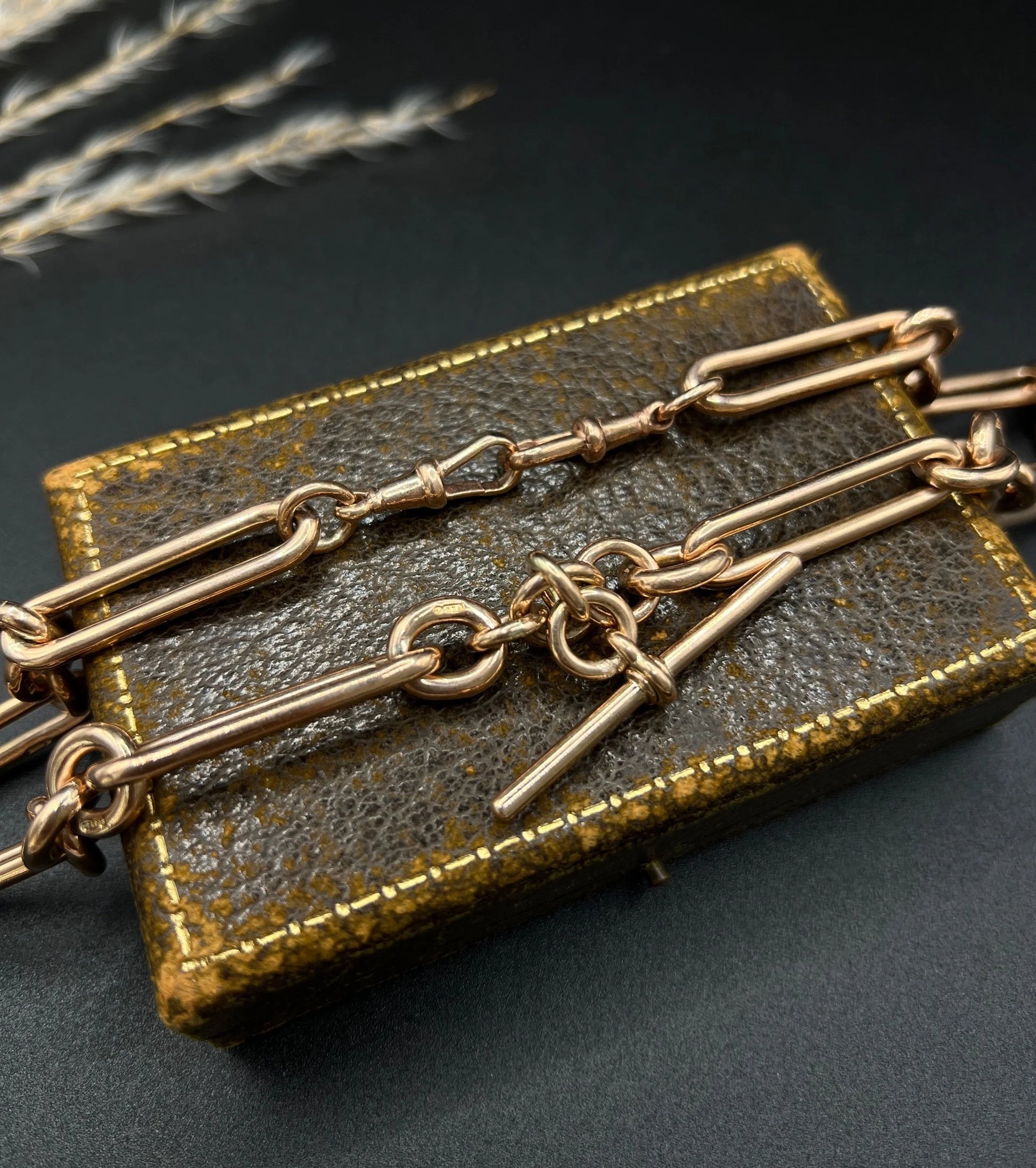 Antique 9ct Rose Gold Fetter Trombone Link Albert Chain Necklace