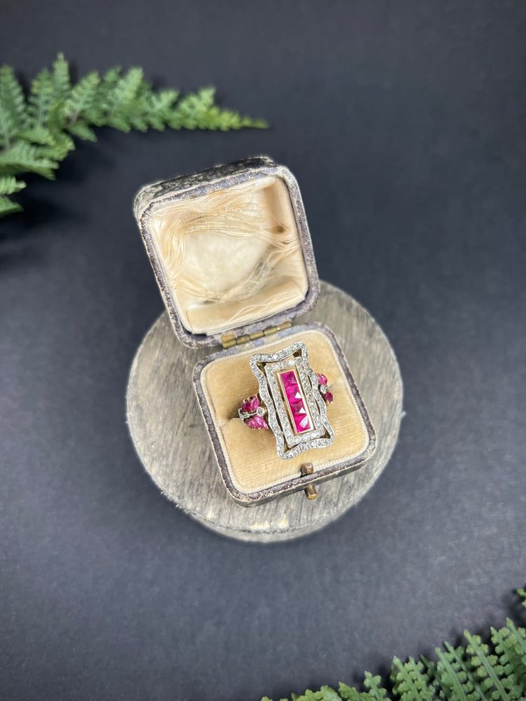 Edwardian Antique Ruby and Diamond Rectangular Cluster Tablet Plaque Ring