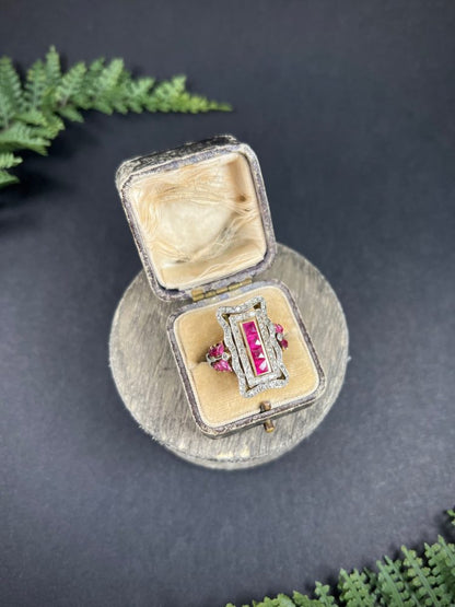 Edwardian Antique Ruby and Diamond Rectangular Cluster Tablet Plaque Ring