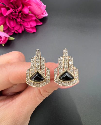 Vintage 14 ct Gold, Italian 1940's Art Deco Design, Diamond And Onyx Earrings