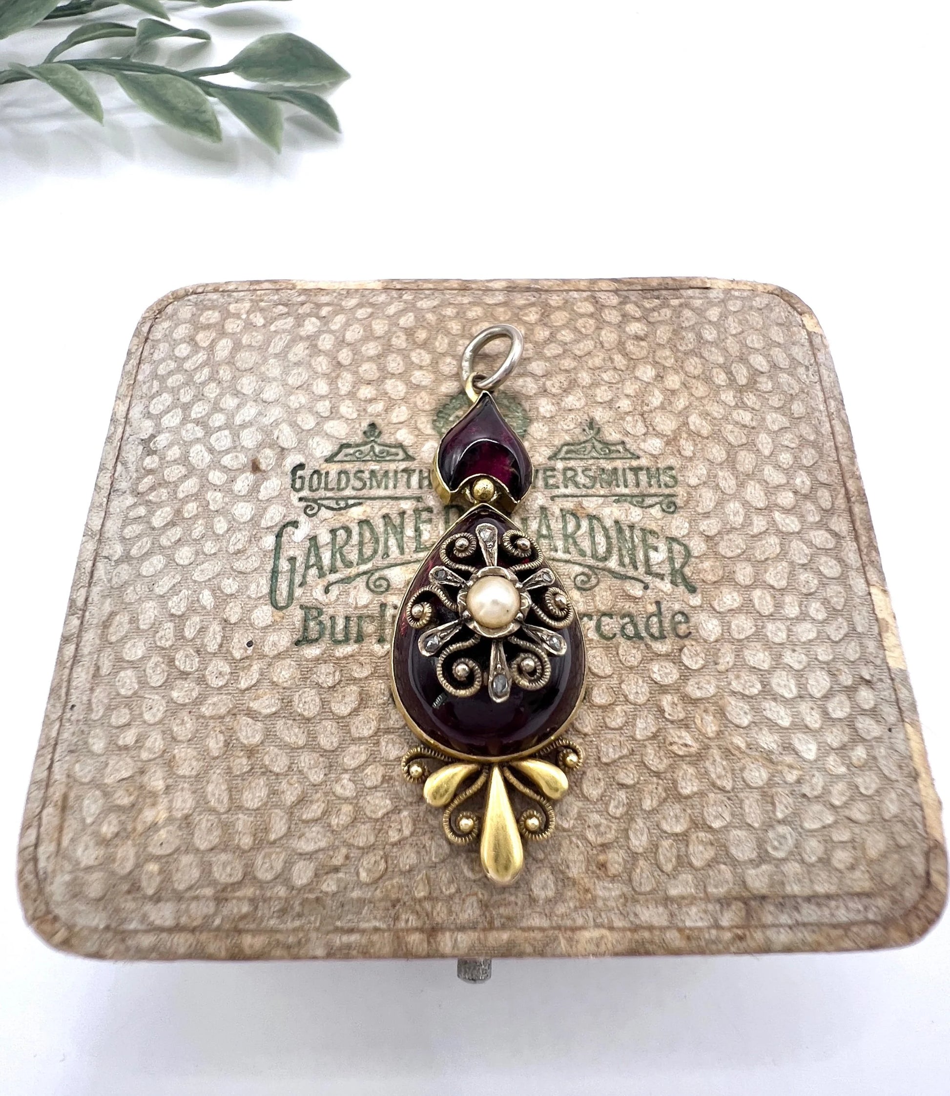 Victorian 15 Carat Gold Cabochon Garnet, Diamond and Seed Pearl Pendant, Circa 1860