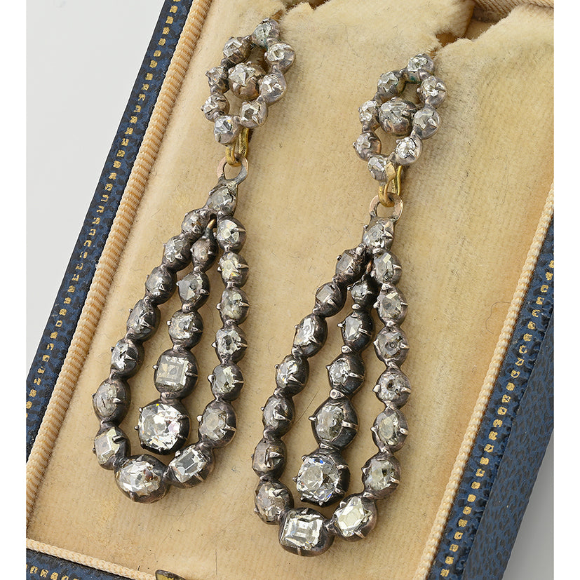 Georgian Antique 7.40ct Old Mine Cut and Table Cut Diamond Day and Night Drop Earrings