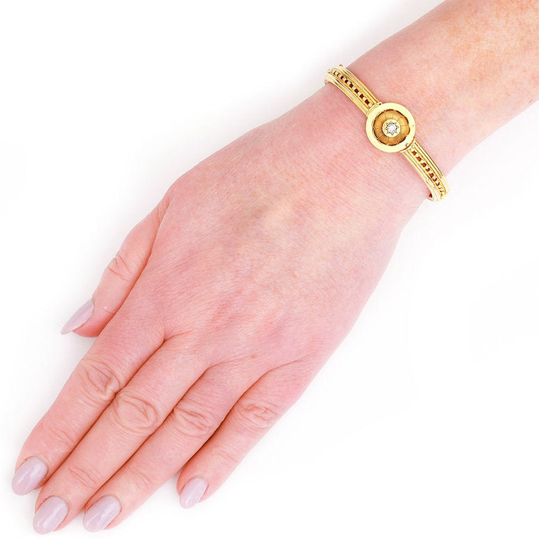 Antique Victorian Old Mine Cut Diamond Set 15ct Gold Beaded Bangle Bracelet