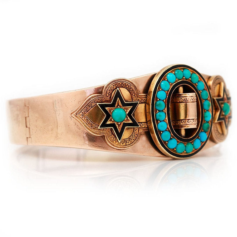 Antique Victorian 15ct Gold Turquoise Enamel Star Buckle Bangle Bracelet