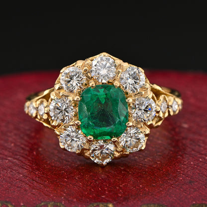 Vintage 1.30ct Cushion Cut Colombian Emerald and 1.60ct Diamond Cluster Engagement Ring in 18ct Yellow Gold
