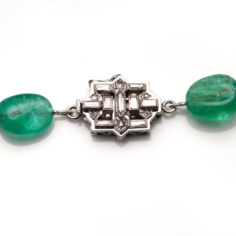 Art Deco Emerald Bead Necklace with Rubellites and Seed Pearls