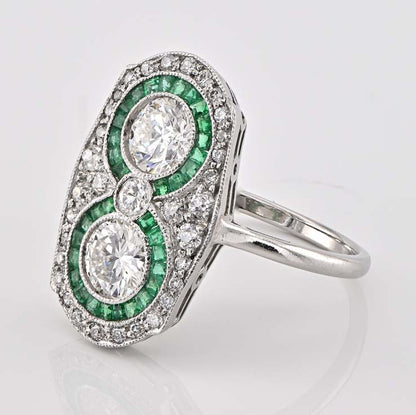 Edwardian Antique Diamond Two Stone and Emerald Cluster Plaque Ring