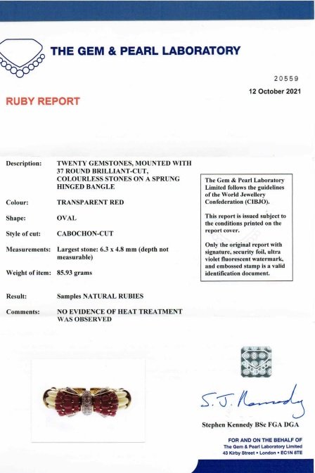 Italian 18ct Yellow Gold Bangle with Burma Ruby and Diamond Bow