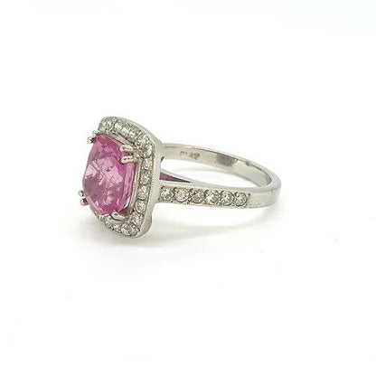 3.75ct Cushion Cut Pink Sapphire and Diamond Cluster Ring in Platinum