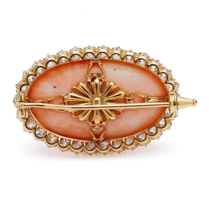 Antique Angel Skin Coral and 4.50ct Old Cut Diamond Cluster Brooch by Leitão & Irmão