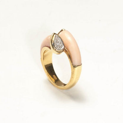 Contemporary Italian Coral and Diamond Crossover Ring, 18ct Yellow Gold, Circa 1970s