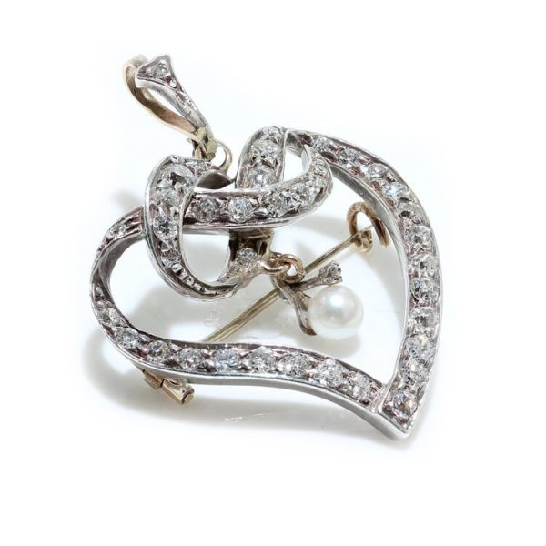Art Deco Old Cut Diamond Heart Brooch with Natural Pearl