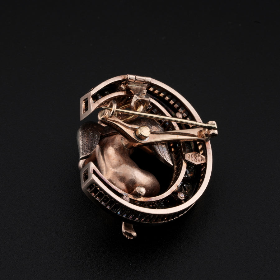 Antique Biedermeier 5ct Diamond Crescent and Winged Cherub Brooch Pendant, Signed Resch, Circa 1815-1848