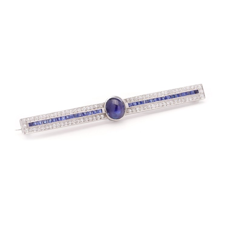 Art Deco Sapphire and Diamond Bar Brooch in Platinum