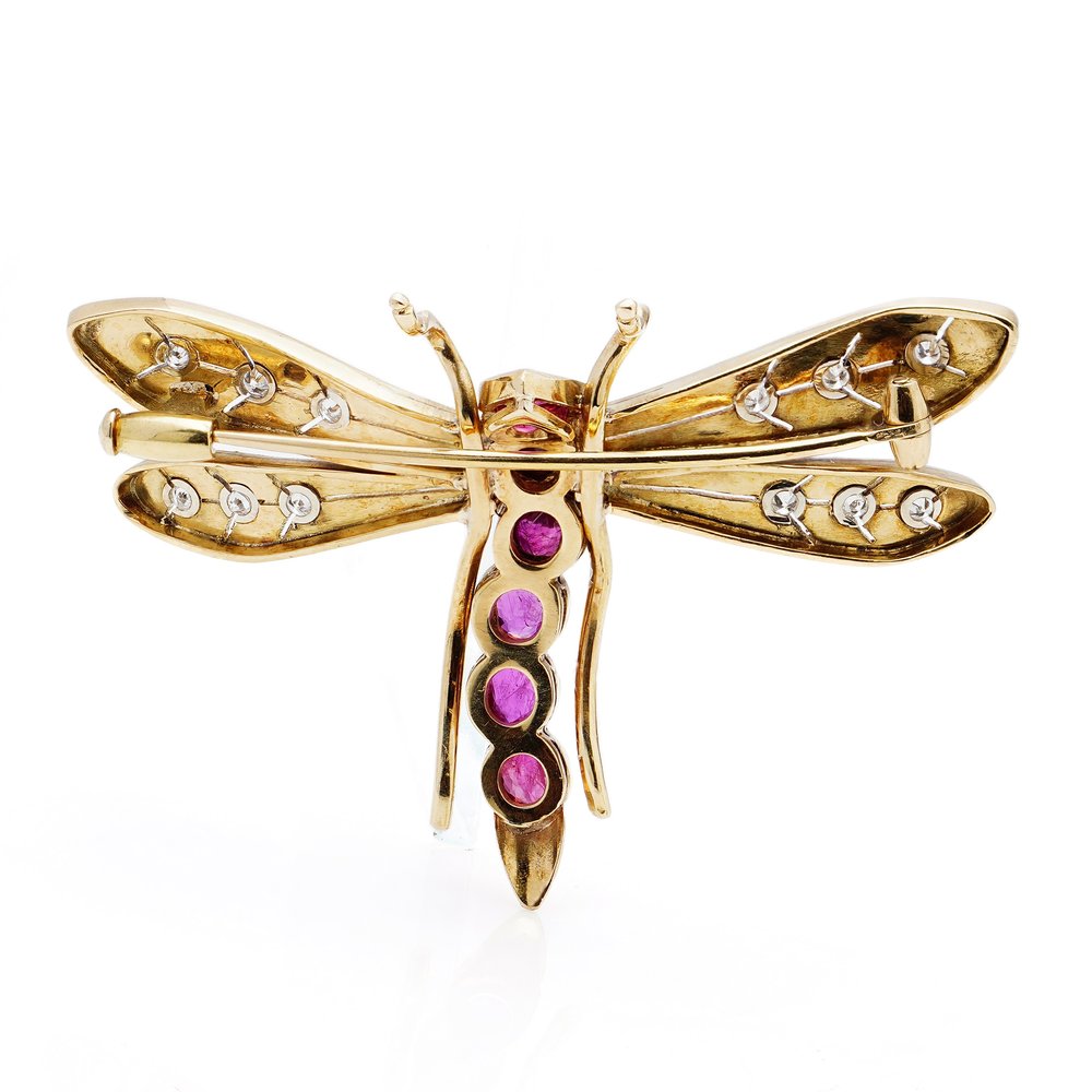 Vintage Diamond Ruby 18ct Yellow Gold Dragonfly Brooch