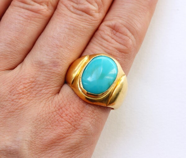 Antique Victorian Cabochon Turquoise and Gold Signet Ring; 18ct yellow gold pinky ring set with a large oval cabochon cut turquoise, 19th century
