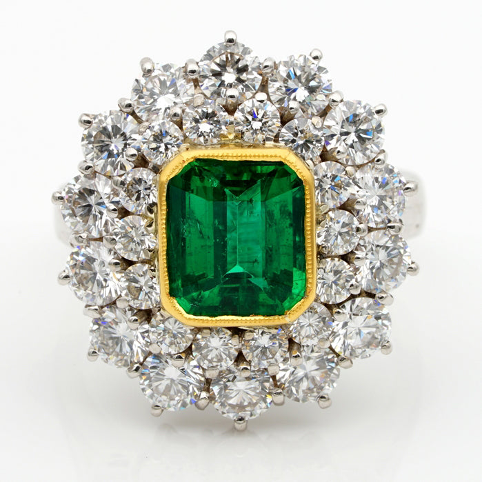 Vintage 2ct Emerald and Diamond Cluster Dress Ring,