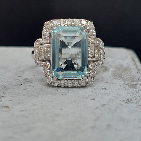 Aquamarine and Diamond Cluster Dress Ring with Princess Cut Diamond Shoulders