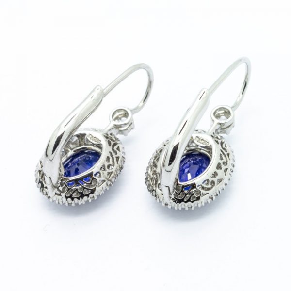 Sapphire, Diamond and Platinum Oval Cluster Drop Earrings, 2.43 carats