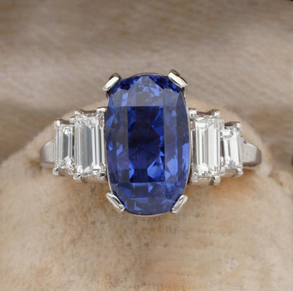 Art Deco 7.14ct No Heat Sapphire and Baguette Diamond Ring