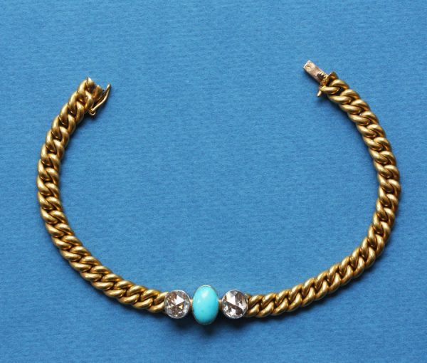 Antique Edwardian Turquoise, Rose Cut Diamond and 18ct Gold Bracelet