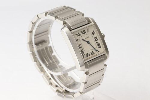 Cartier Tank Francaise Midsize Stainless Steel Wrist Watch, Ref. 2301, white dial, Roman numerals, blue steel hands, sapphire cabochon crown, sapphire crystal, Quartz movement, stainless steel bracelet with double fold clasp, original Cartier sticker on case back.