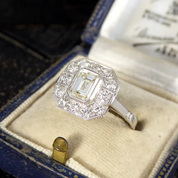 Art Deco Inspired 1ct Emerald Cut Diamond Cluster Ring in Platinum, 1.50 carat total