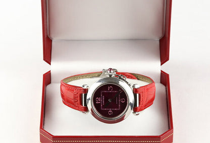Cartier Pasha C Stainless Steel 35mm Automatic, With Rare Purple Dial, Ref. 2324, on a Cartier light-red leather strap with deployment buckle.