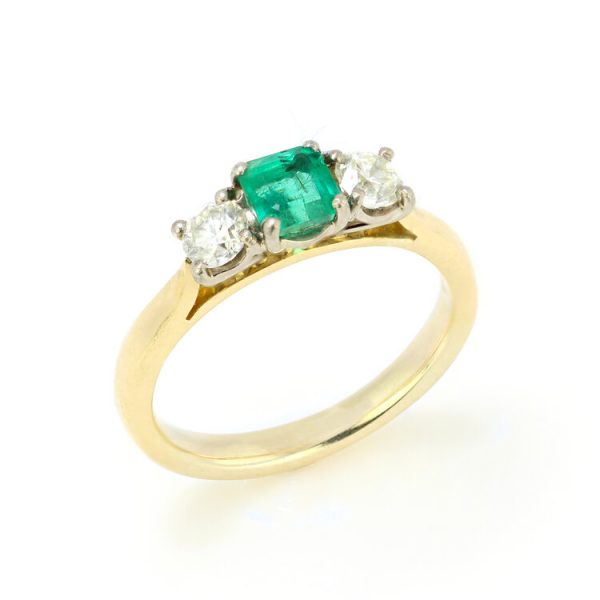 Emerald and Diamond Three Stone Ring in 18ct Yellow Gold