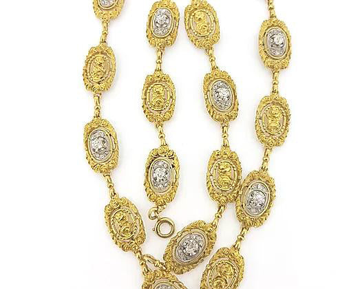 Vintage French Diamond Set 18ct Yellow Gold Necklace; linked alternating ornate gold plaques, set with either a diamond or carved gold rose decoration.
