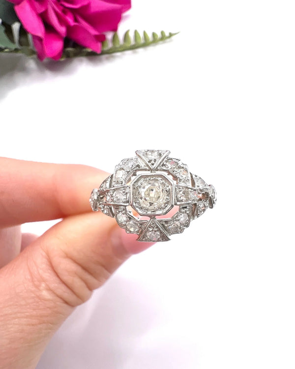 Antique Platinum French Stamped, Edwardian era Diamond Cluster Engagement Ring
