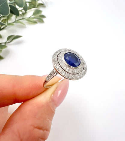 Preloved Vintage Sapphire & Diamond Double Halo Engagement Ring, Target Ring