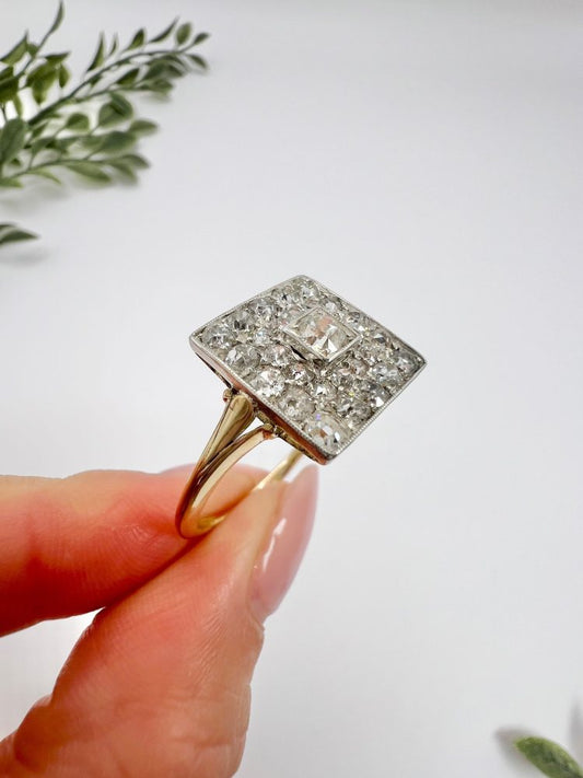 Edwardian Antique 2ct Old Cut Diamond Square Cluster Ring, square-shaped ring set with 2 carats of old-cut diamonds in platinum on 18ct yellow gold band with split shoulders. Circa 1910