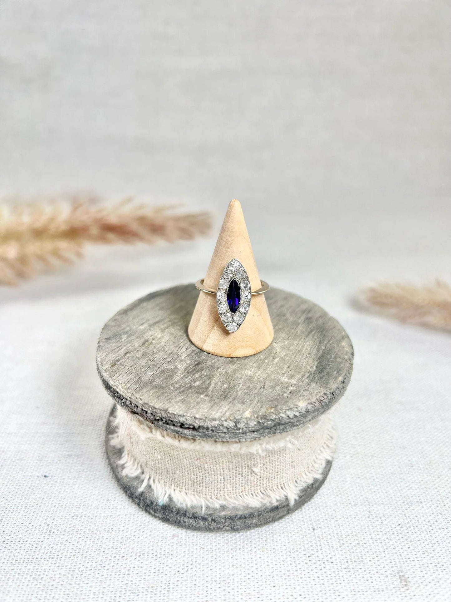 Edwardian 18 Carat Gold and Platinum Sapphire Diamond Marquise/Navette Ring