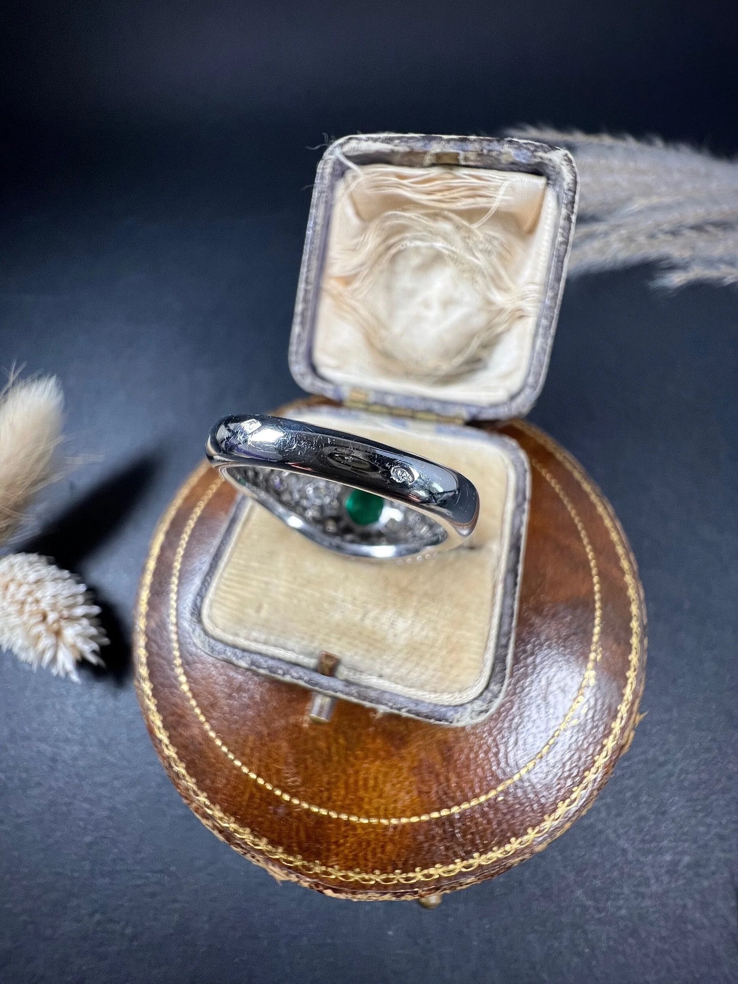 Vintage French Cabochon Emerald and Diamond Cluster Bombe Ring, Circa 1940s