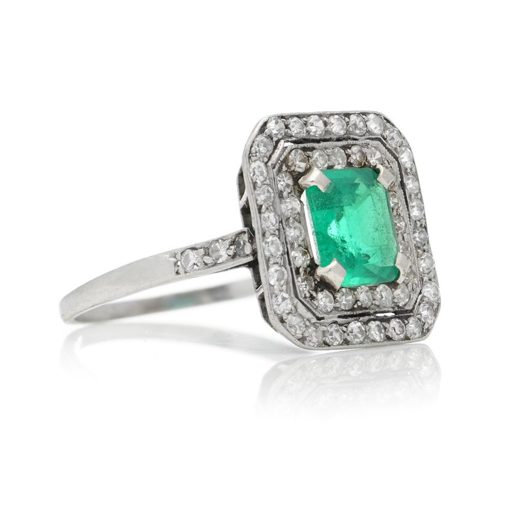 Late Art Deco 1.10ct Natural Colombian Emerald and Old Cut Diamond Cluster Ring