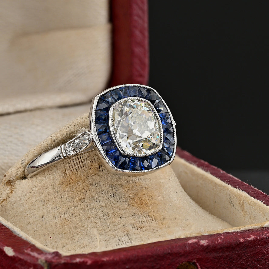 Vintage 2.10ct Old Mine Cut Diamond and Sapphire Target Cluster Engagement Ring in Platinum