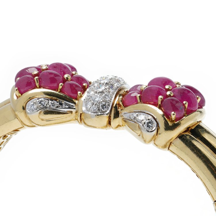Italian 18ct Yellow Gold Bangle with 8.40ct Natural Burma Ruby and Diamond Bow