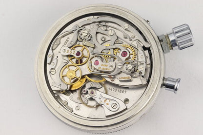 Longines Vintage 8350 Manual Chronograph Stainless Steel Stopwatch, 1/10 Spilt Second, silvered dial with black Arabic numerals, 66.5mm outer rear case screwed with the inner push fit, Signed, Circa 1960s