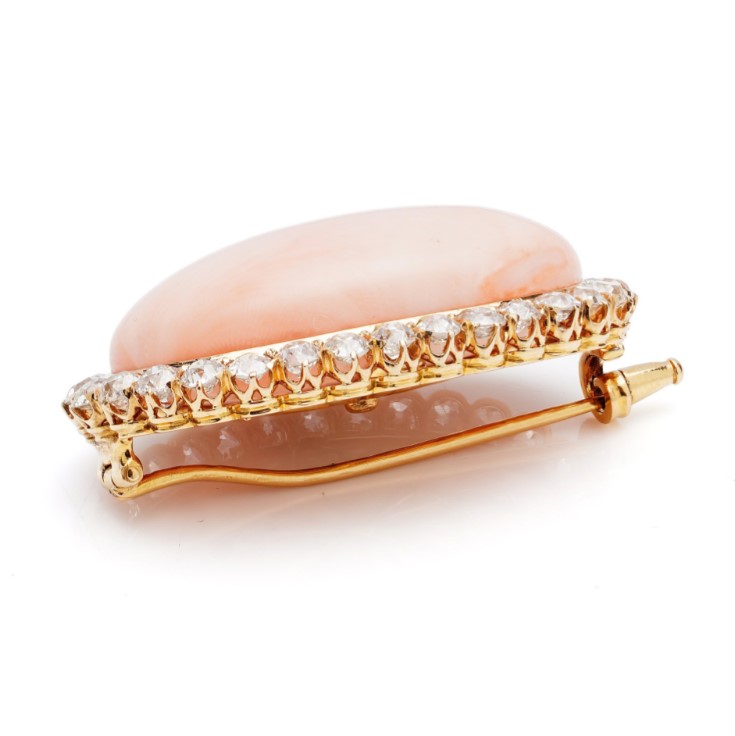 Antique Angel Skin Coral and 4.50ct Old Cut Diamond Cluster Brooch by Leitão & Irmão