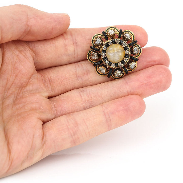 Antique Victorian Man in Moon Feldspar Diamond Enamel Brooch