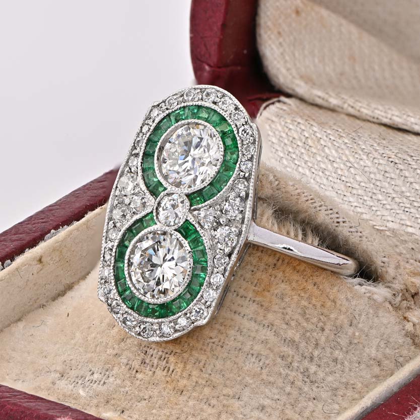 Edwardian Antique Diamond Two Stone and Emerald Cluster Plaque Ring