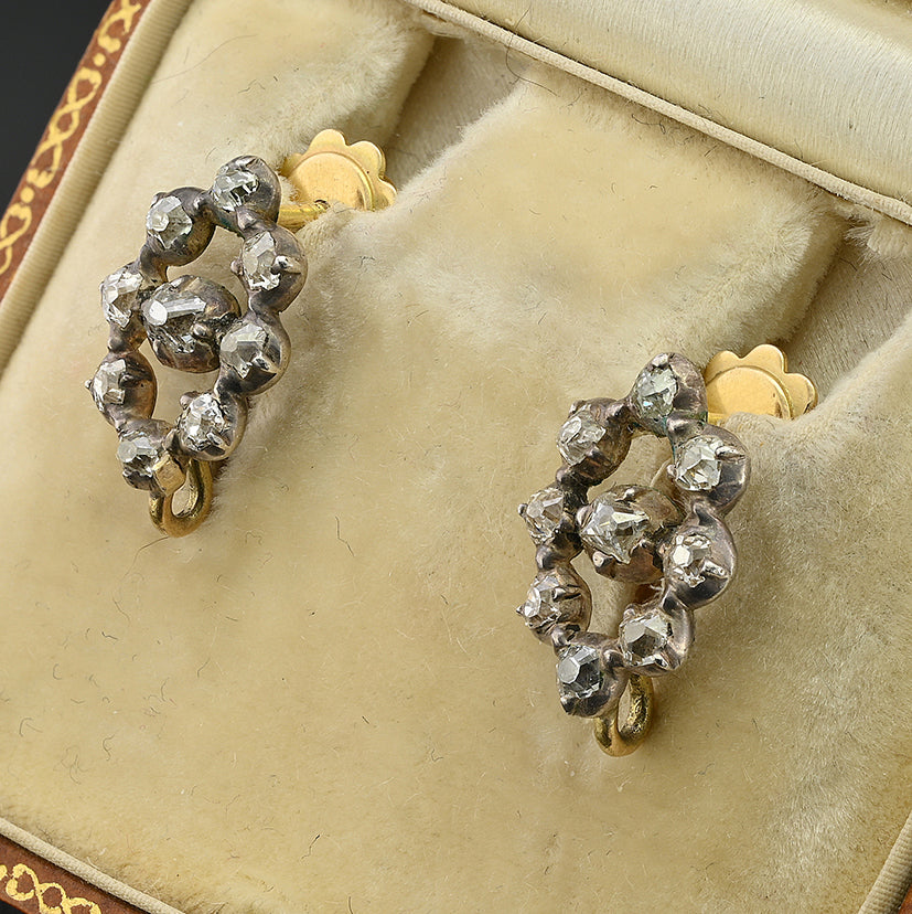 Georgian Antique 7.40ct Old Mine Cut and Table Cut Diamond Day and Night Drop Earrings