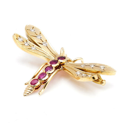 Vintage Diamond Ruby Gold Dragonfly Brooch