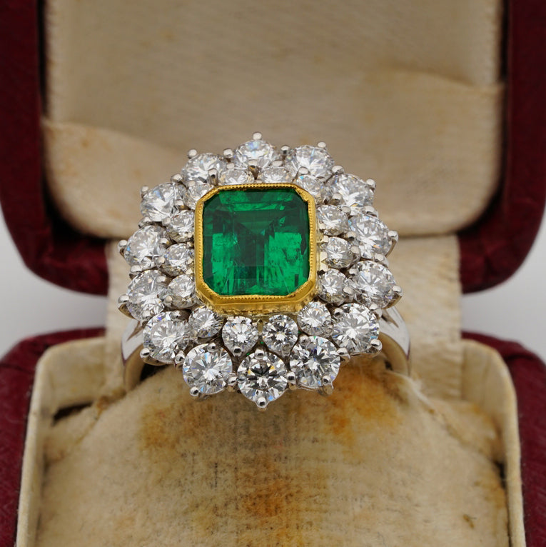 Vintage 2ct Emerald and Diamond Cluster Dress Ring