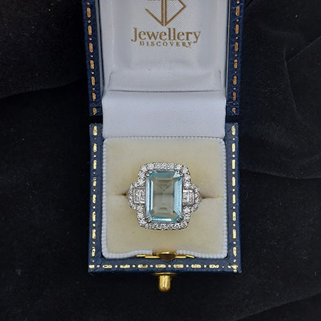 Aquamarine and Diamond Cluster Dress Ring with Princess Cut Diamond Shoulders