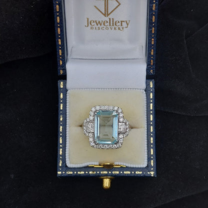 Aquamarine and Diamond Cluster Dress Ring with Princess Cut Diamond Shoulders