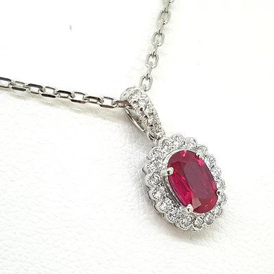 0.69ct Ruby and Diamond Oval Cluster Pendant and Chain