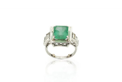 4.20ct Natural Colombian Emerald and Baguette Diamond Ring, Certified