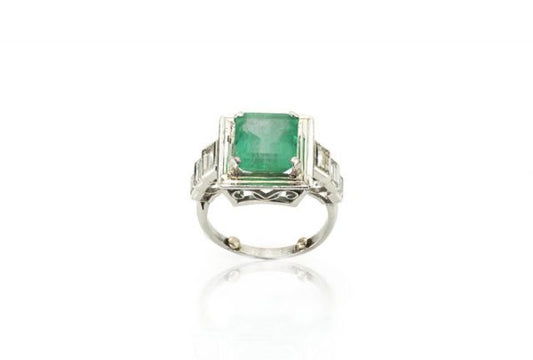 4.20ct Natural Colombian Emerald and Baguette Diamond Ring, Certified